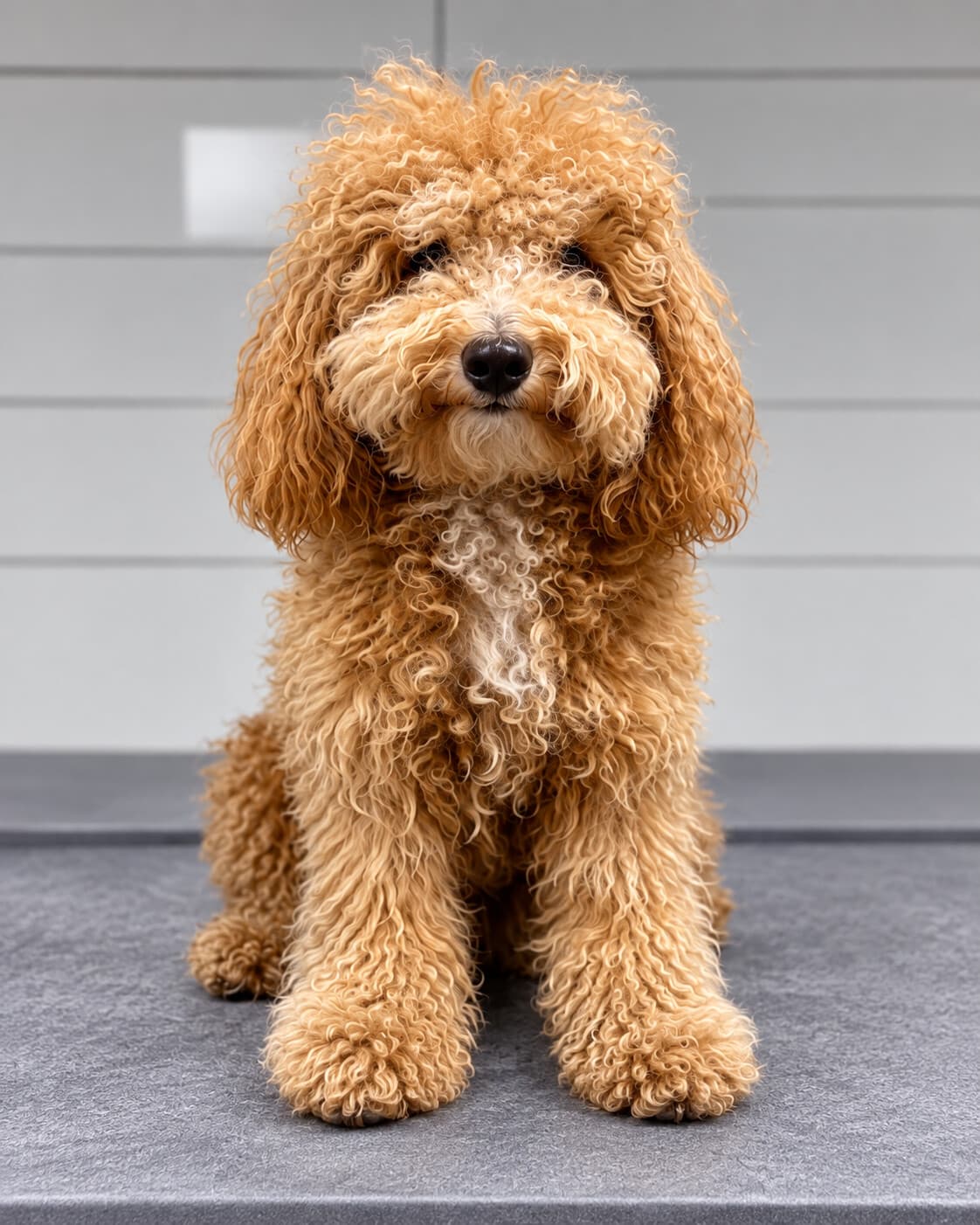 A curly-coated dog with a long, unstyled coat before a grooming appointment at Patim Pet Kuaför